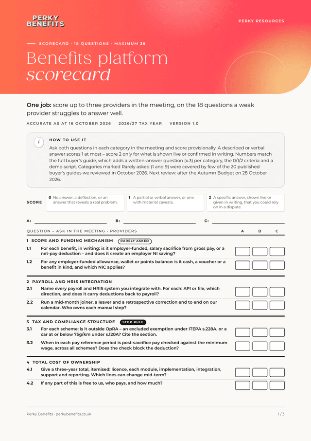 First page of the benefits platform scorecard