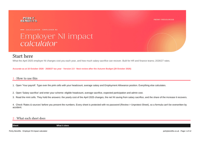 First page of the employer ni impact calculator
