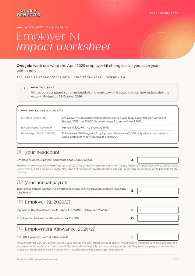 First page of the employer ni impact worksheet