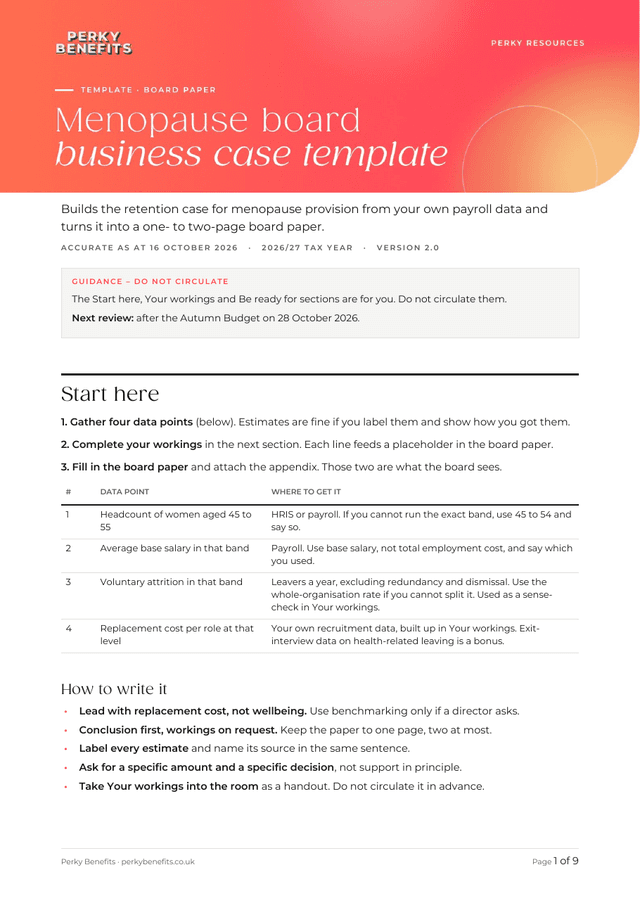 First page of the menopause board business case template