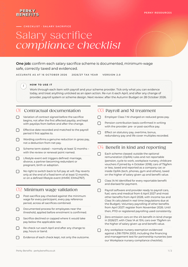 First page of the salary sacrifice compliance checklist