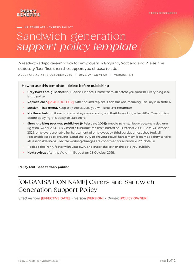 First page of the sandwich generation support policy template