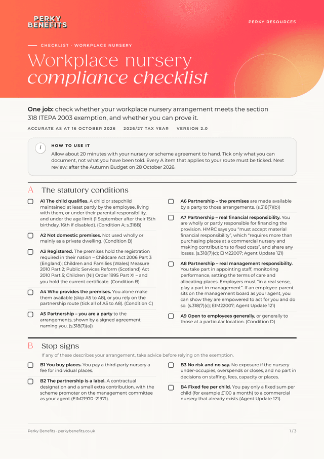 First page of the workplace nursery compliance checklist