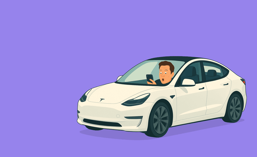Person driving an electric car while checking their phone