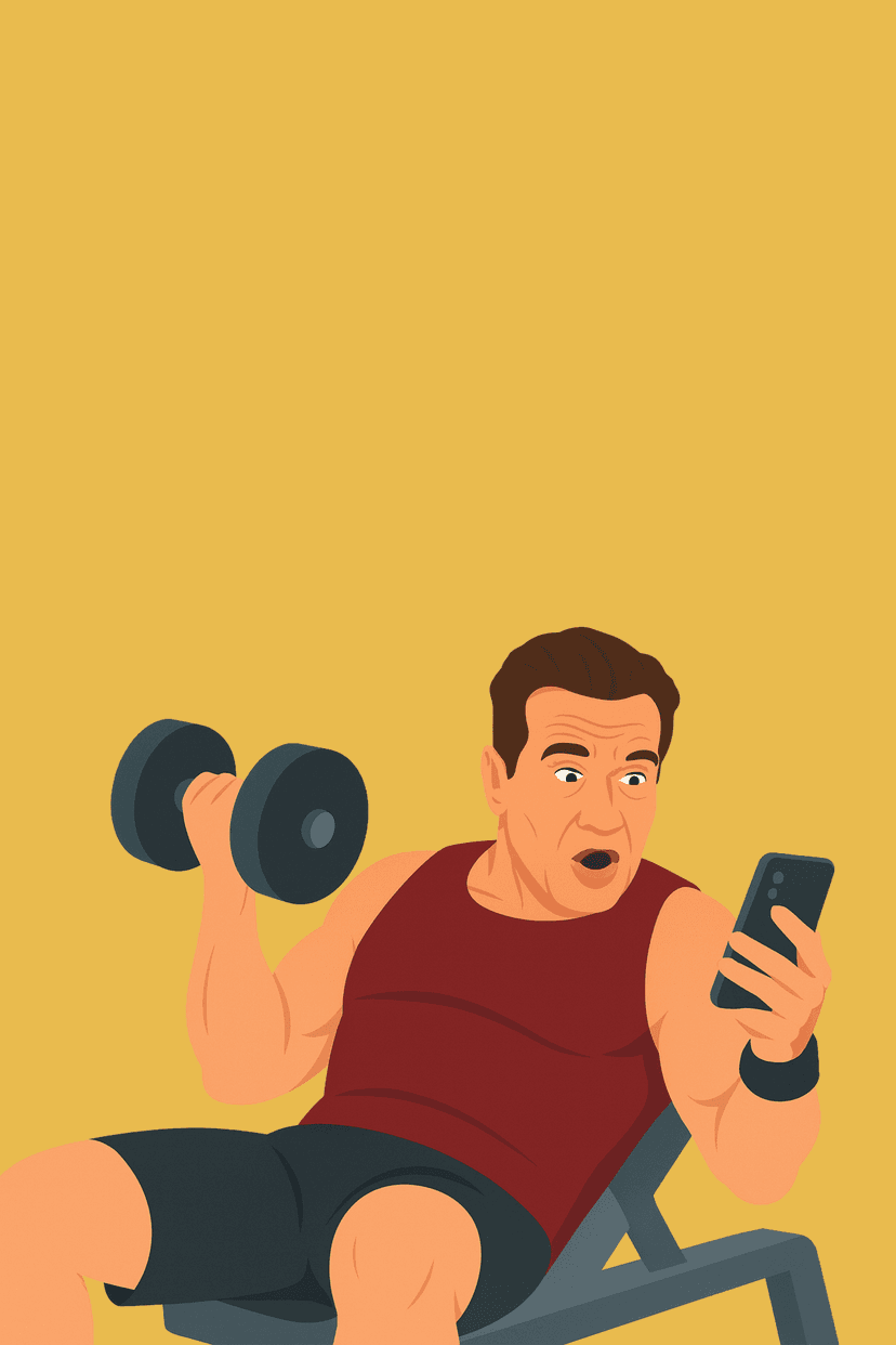 Person at gym with dumbbell looking at phone