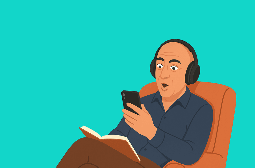Person with headphones relaxing in chair looking at phone
