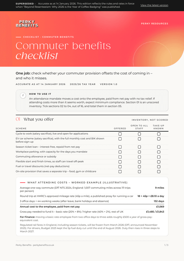 First page of the commuter benefits checklist, edition as at 14 January 2026