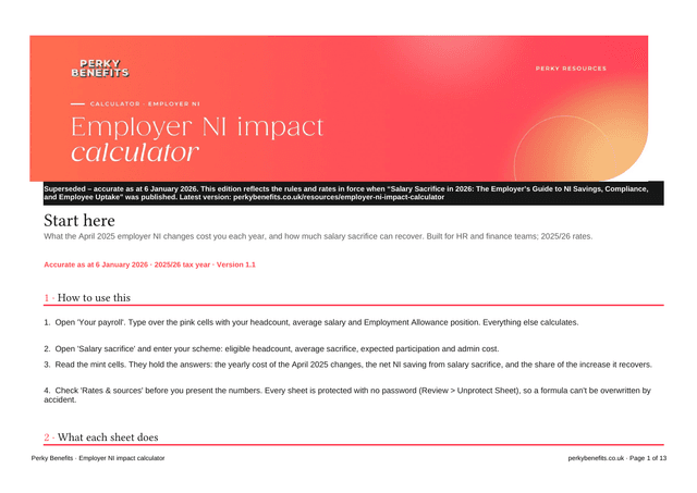 First page of the employer ni impact calculator, edition as at 6 January 2026