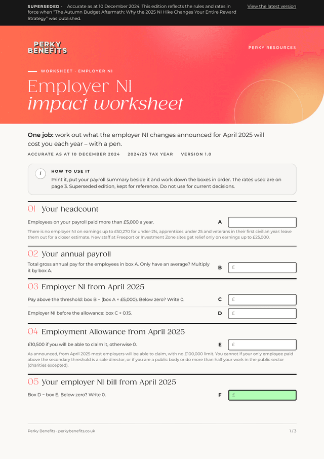 First page of the employer ni impact worksheet, edition as at 10 December 2024