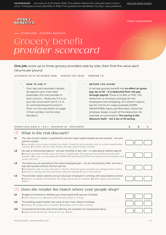 First page of the grocery benefit provider scorecard, edition as at 30 March 2026