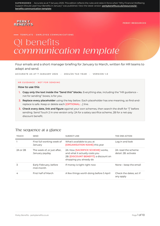 First page of the q1 benefits communication template, edition as at 7 January 2025