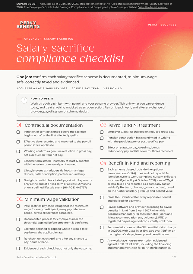 First page of the salary sacrifice compliance checklist, edition as at 6 January 2026