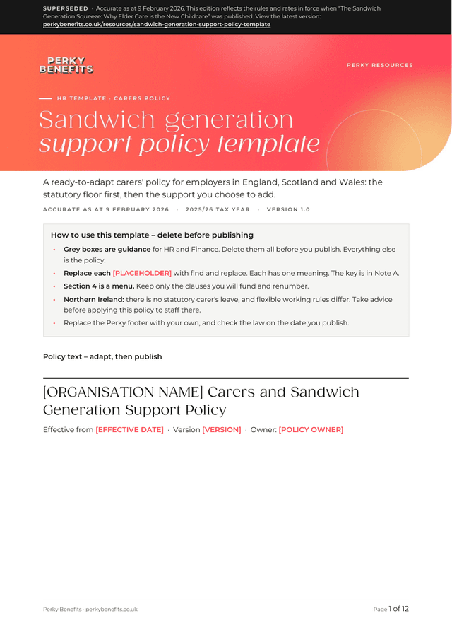 First page of the sandwich generation support policy template, edition as at 9 February 2026
