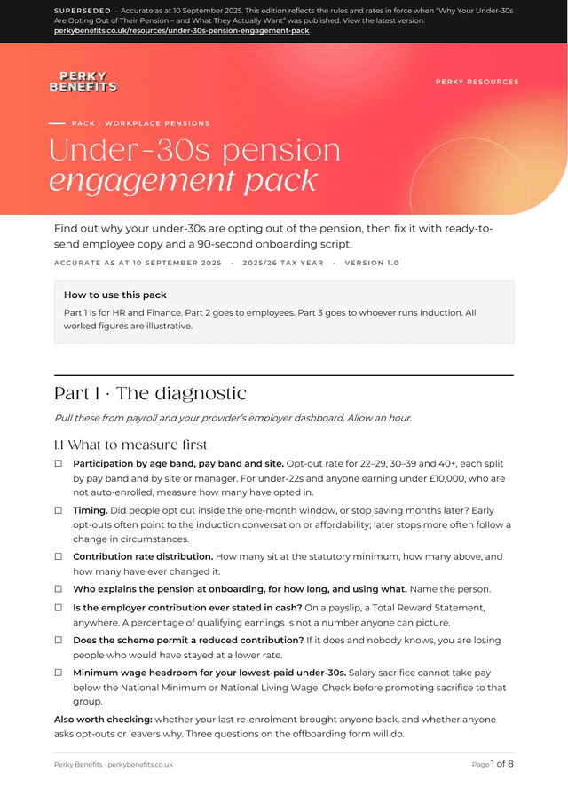First page of the under-30s pension engagement pack, edition as at 10 September 2025