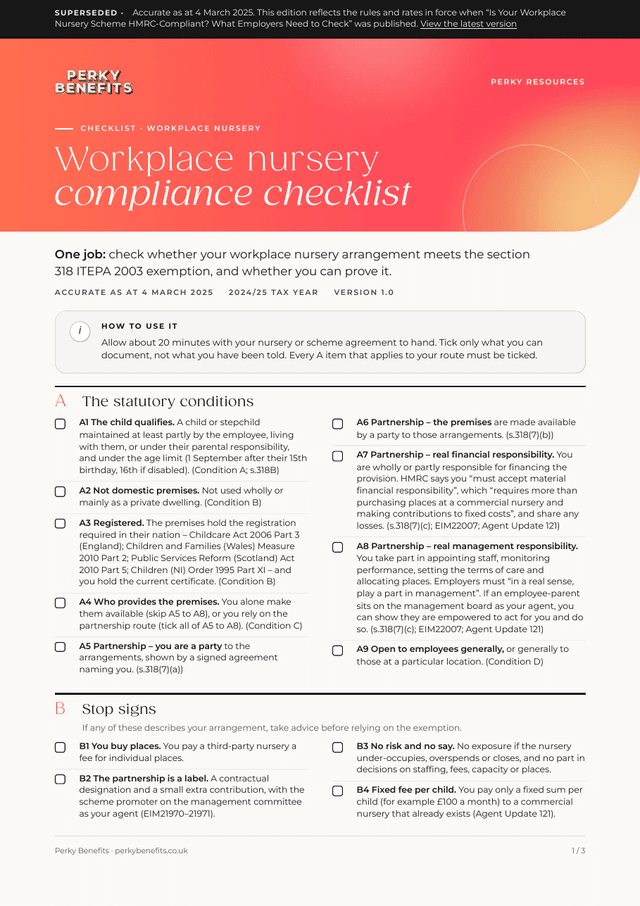 First page of the workplace nursery compliance checklist, edition as at 4 March 2025